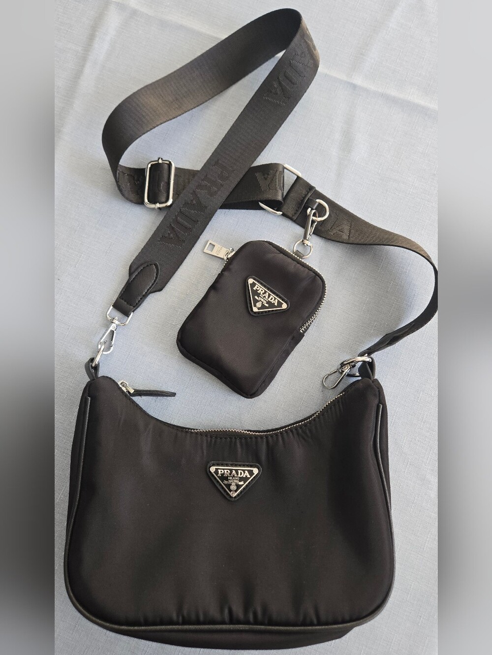 Designer Inspired Nylon Shoulder Bag w/ Adjustable Logo Strap & Mini Zip Pouch